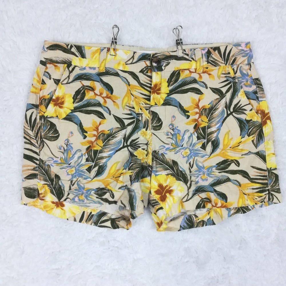 Old Navy Womens Shorts Every Day Linen Blend Botanical Floral Beige Mid Rise 8